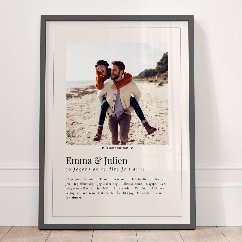 Affiche cadeau couple personnalisé avec photo, prénoms et 30 façons de dire je t’aime en langues du monde