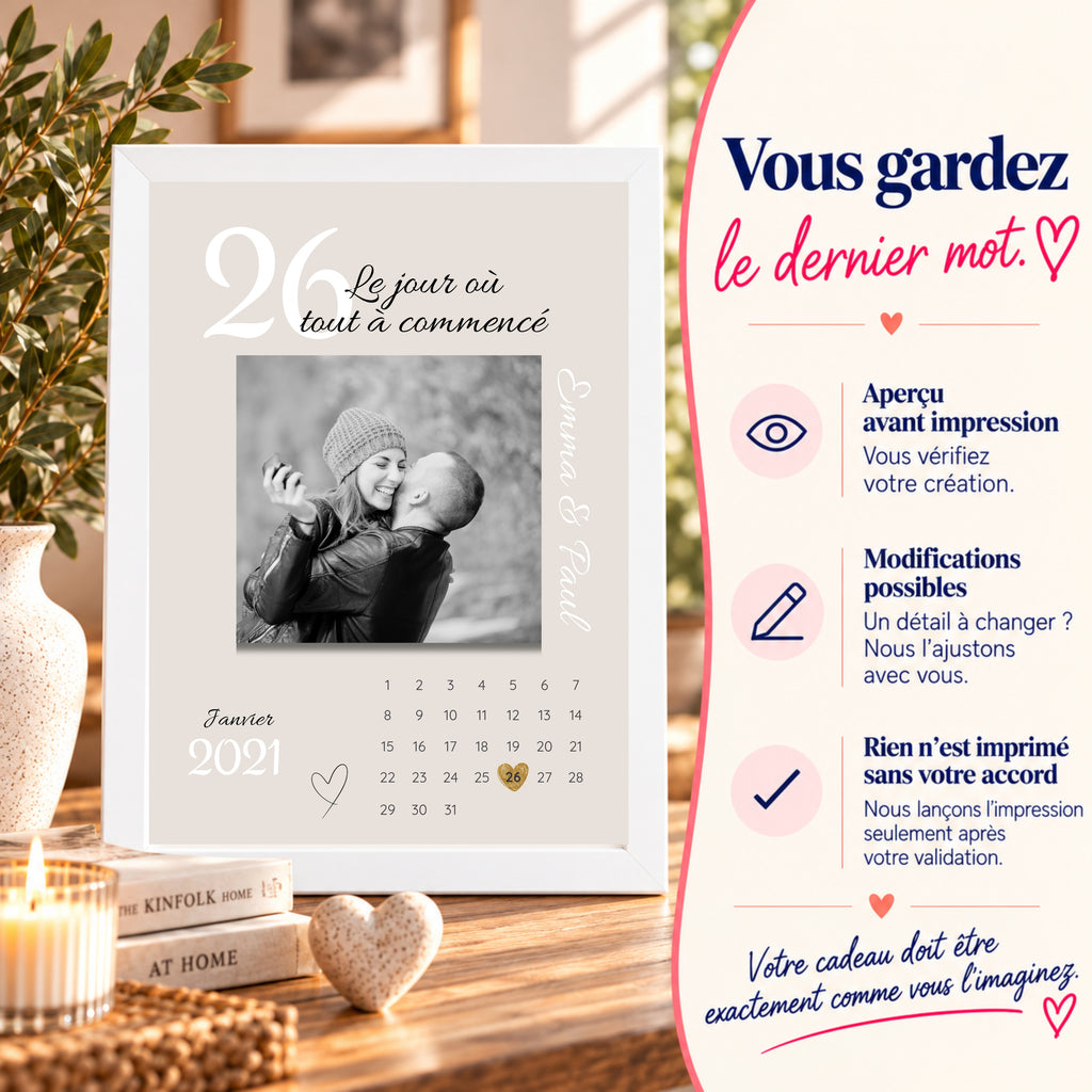 Affiche couple personnalisée encadrée en blanc avec modifications possibles et validation avant impression