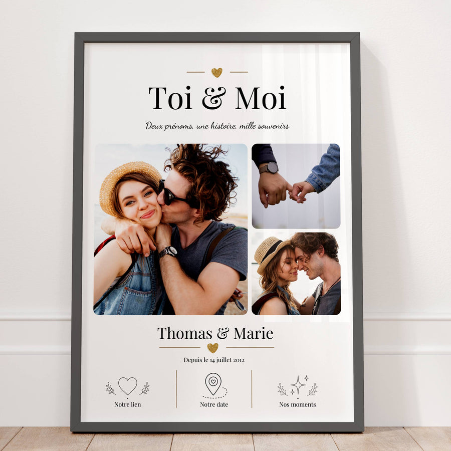 Affiche Toi & Moi personnalisée avec photos, prénoms et date, un cadeau couple tendre et élégant à offrir à deux.