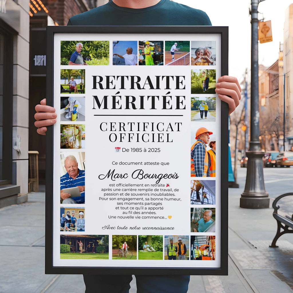 Cadeau retraite personnalisé avec collage photo et texte souvenir, affiche souvenir de carrière à offrir à un collègue ou un proche