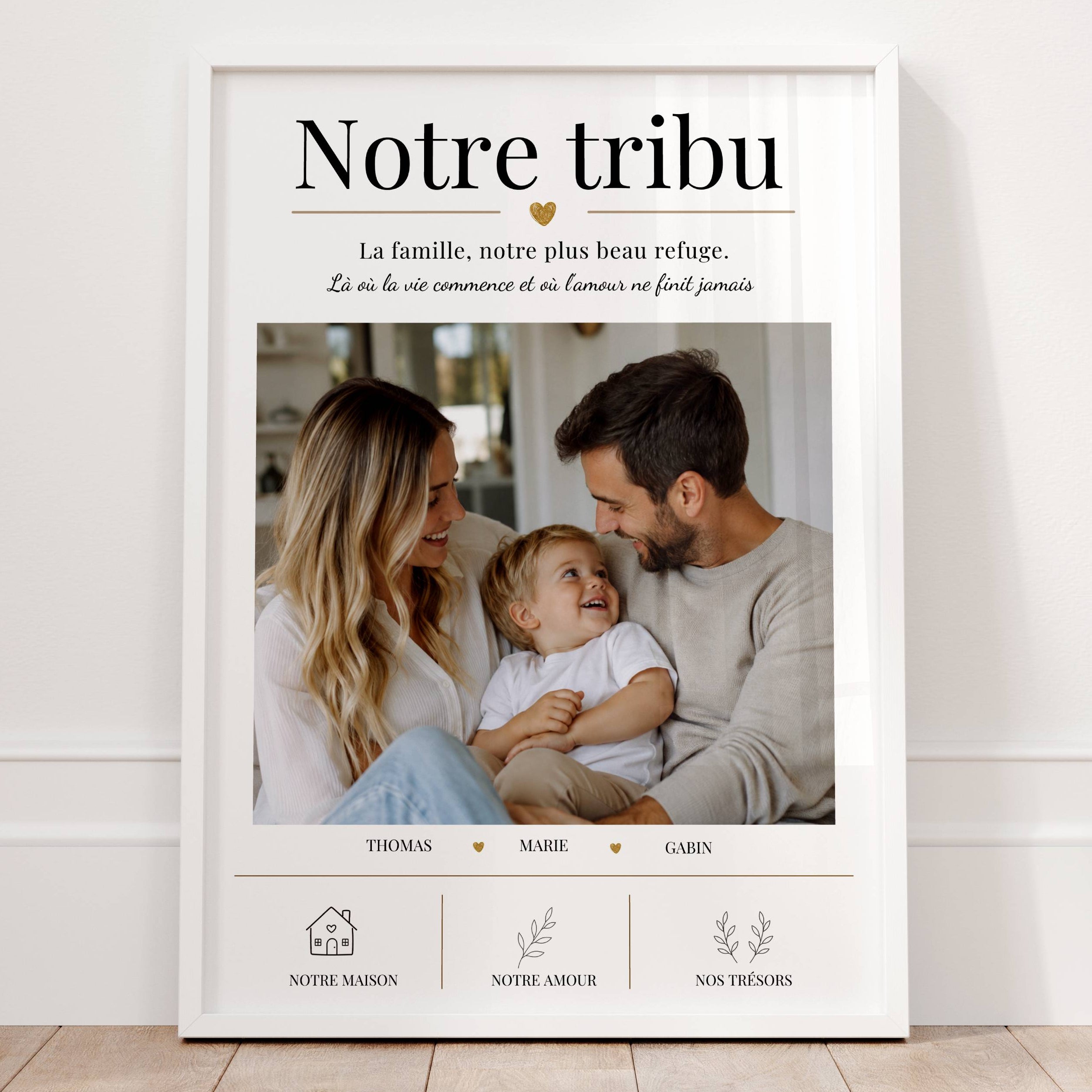 Cadeau famille personnalisé avec photo, affiche Notre tribu avec prénoms et symboles tendres pour souvenir familial