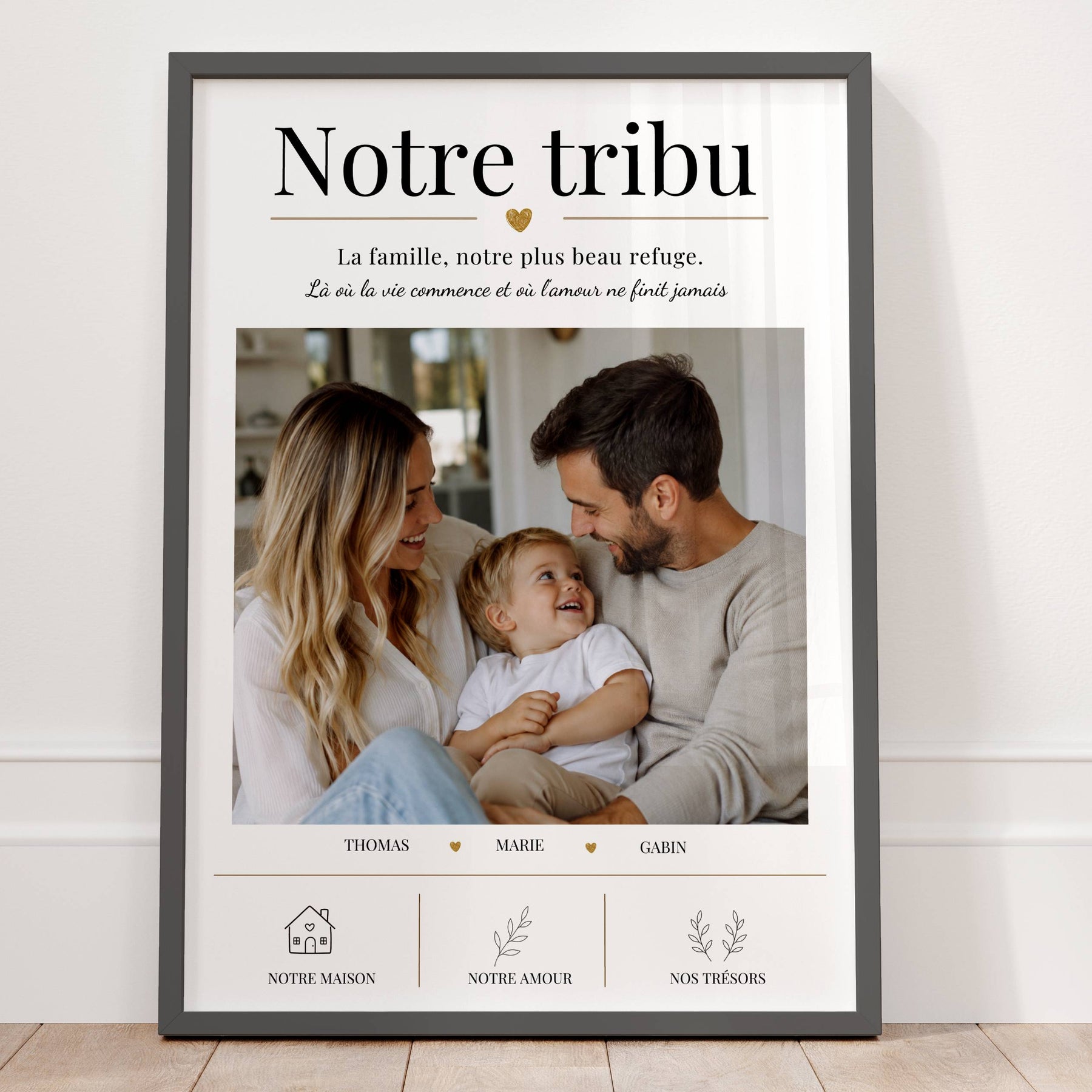 Affiche Notre tribu personnalisée avec photo et prénoms, cadeau famille doux pour un foyer avec un seul enfant