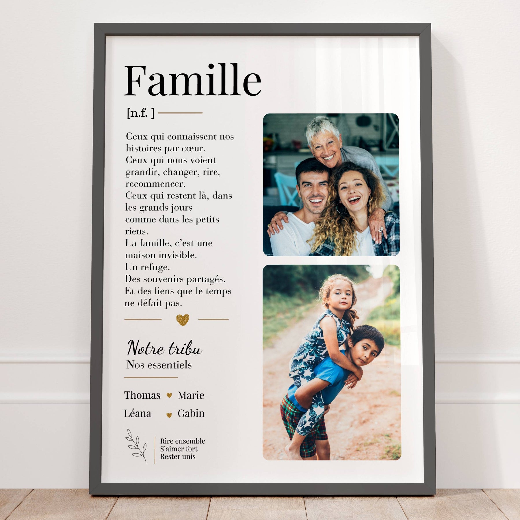affiche famille personnalisée avec photos et prénoms, cadeau déco chaleureux à offrir.