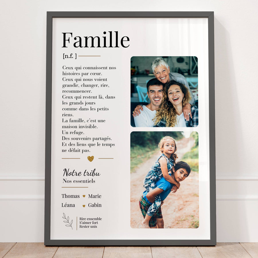 affiche famille personnalisée avec photos et prénoms, cadeau déco chaleureux à offrir.
