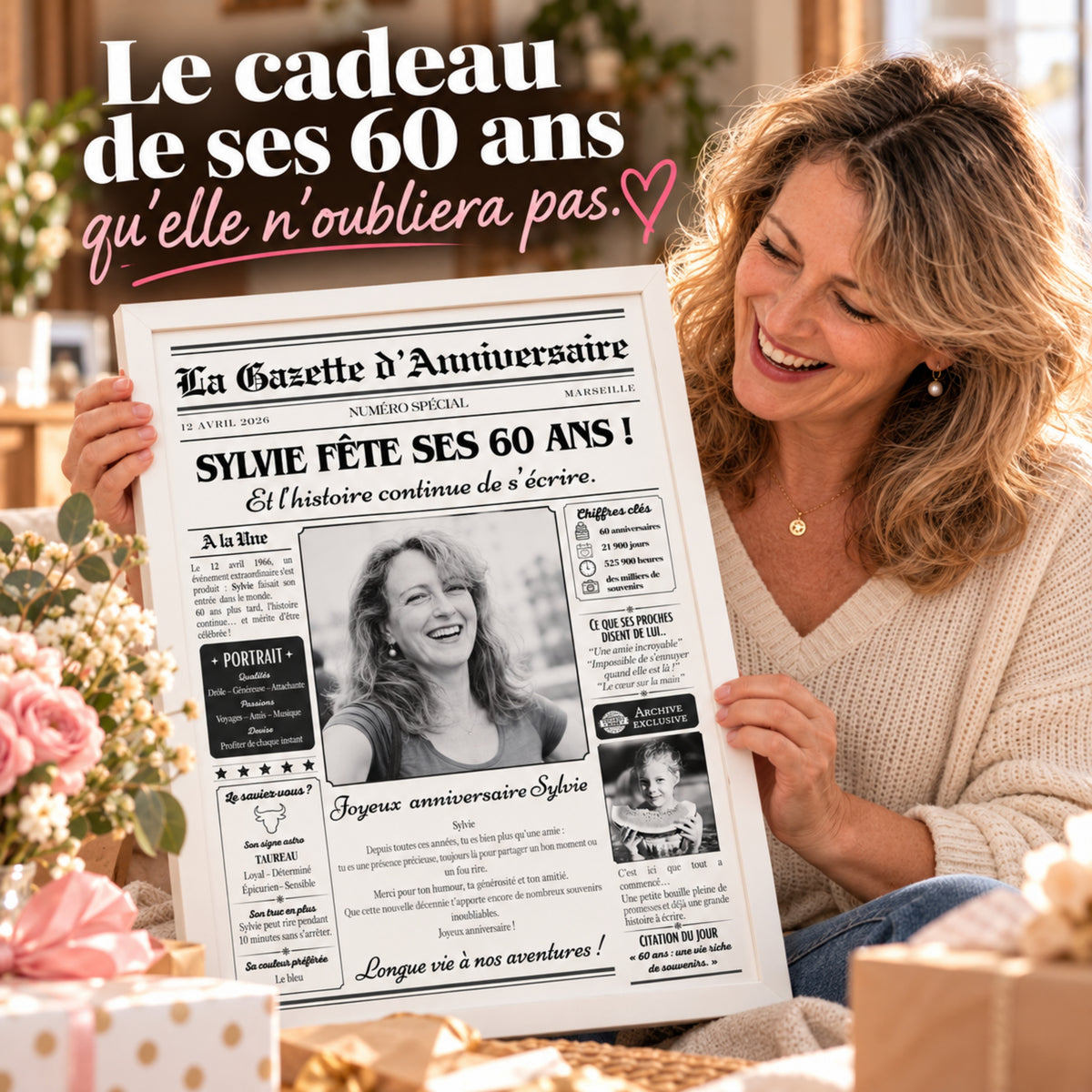 Femme découvrant avec joie une gazette personnalisée pour ses 60 ans dans un cadre blanc