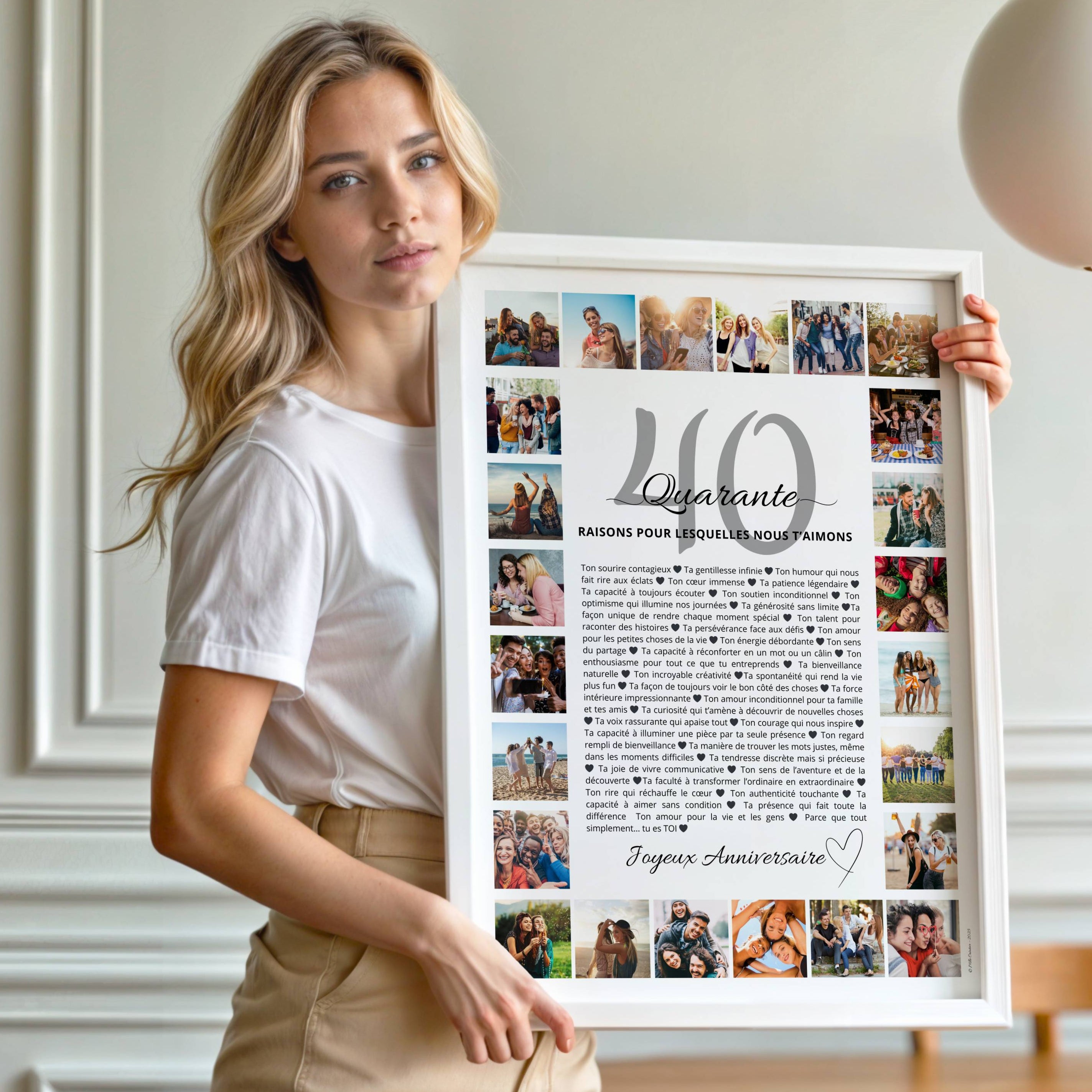 Affiche 40 ans femme version encadrée prête à offrir avec 24 photos souvenirs personnalisées