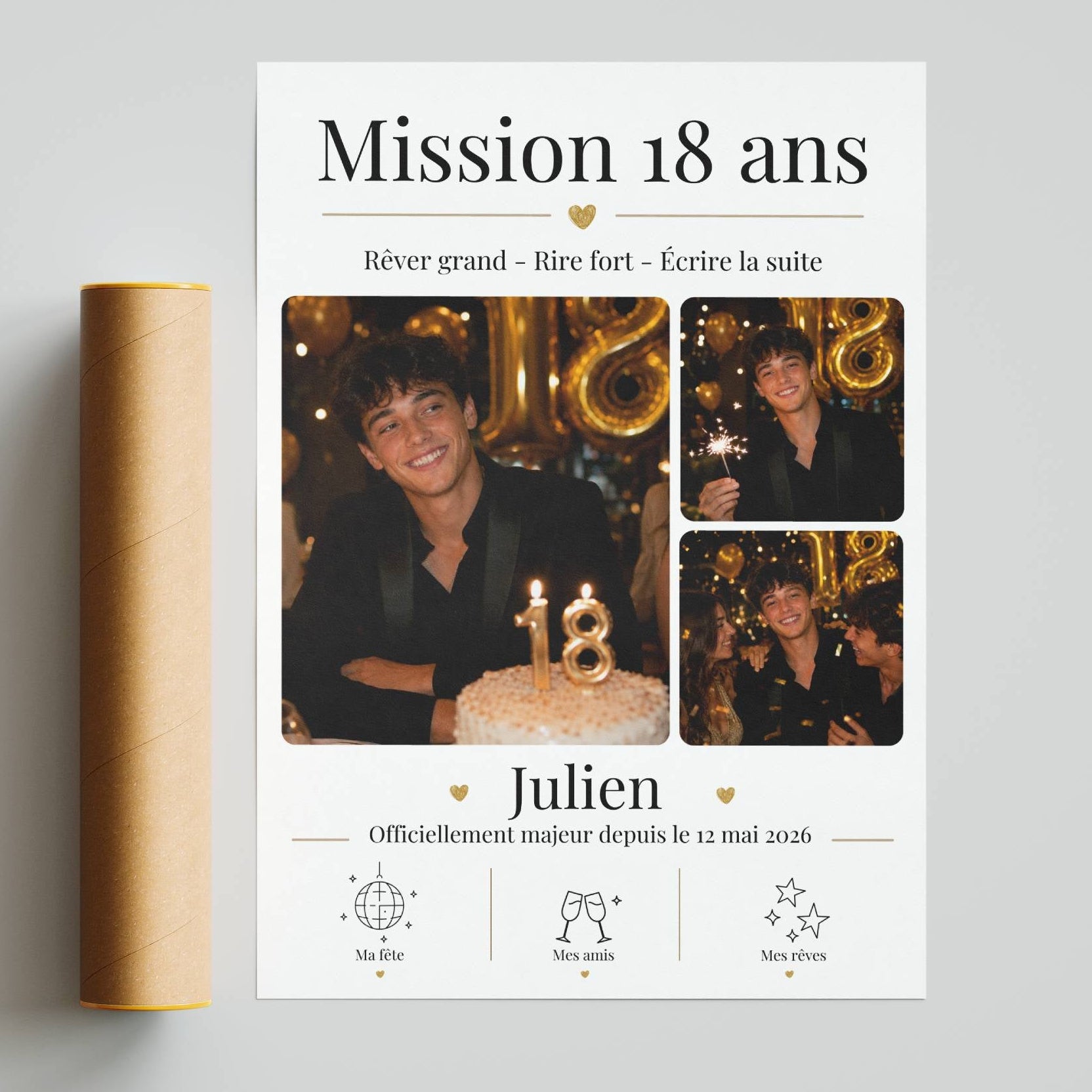 affiche 18 ans personnalisée avec photos, cadeau anniversaire prêt à offrir et encadrer.