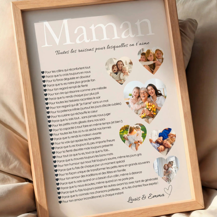 Affiche personnalisée maman avec collage photos en forme de cœur représentant des moments de famille et souvenir mère enfants.