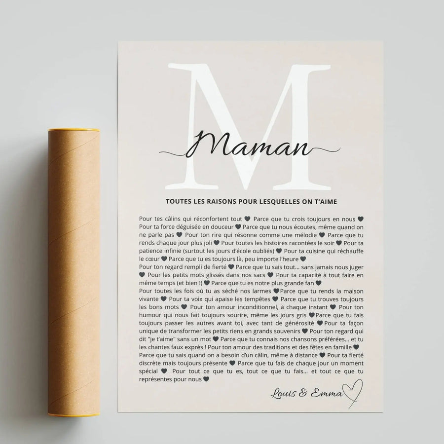 Affiche maman personnalisée 30 raisons pour lesquelles on t’aime idée cadeau fête des mères