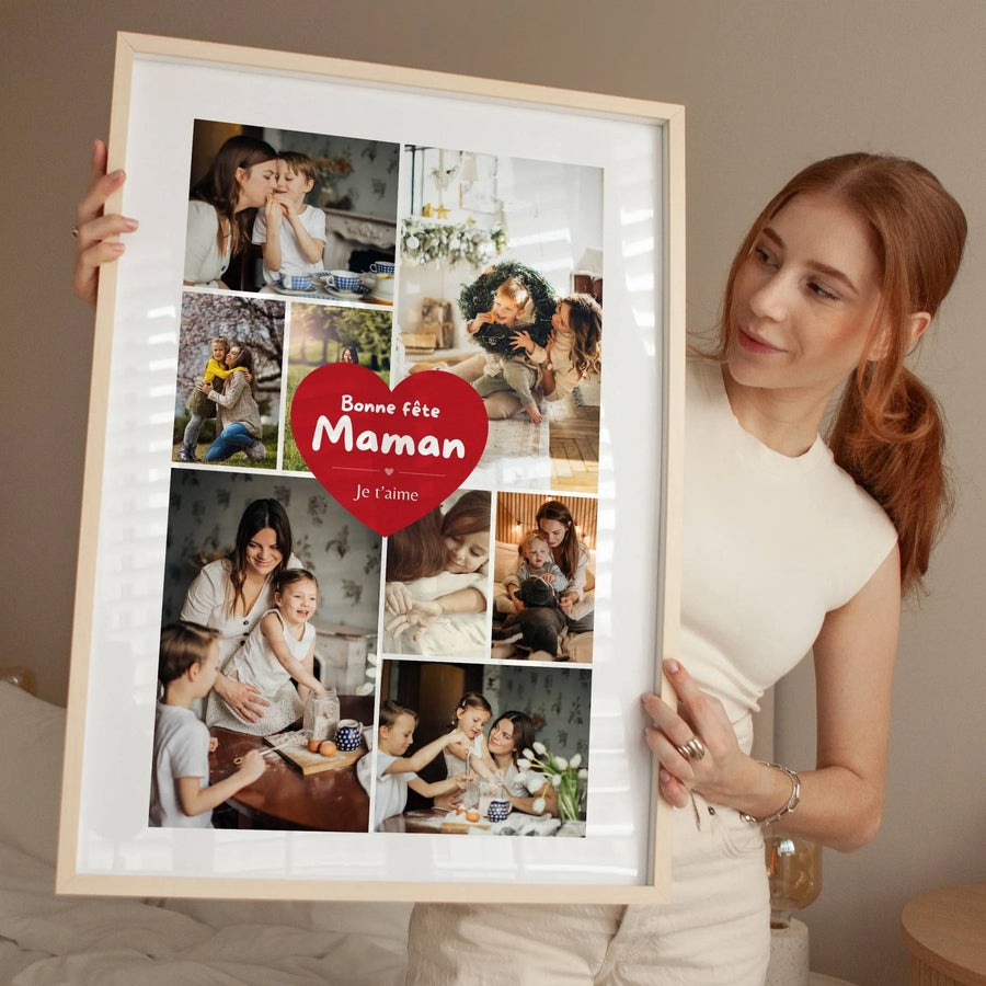 Affiche personnalisée Bonne fête maman avec collage de photos famille et cœur rouge message je t’aime idée cadeau fête des mères