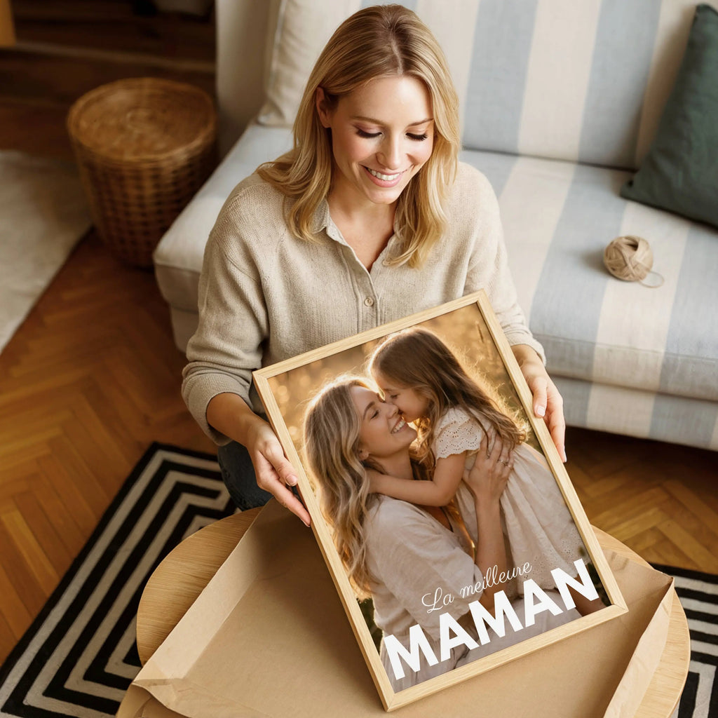 Cadeau maman personnalisé avec photo mère et enfant – affiche émotion famille