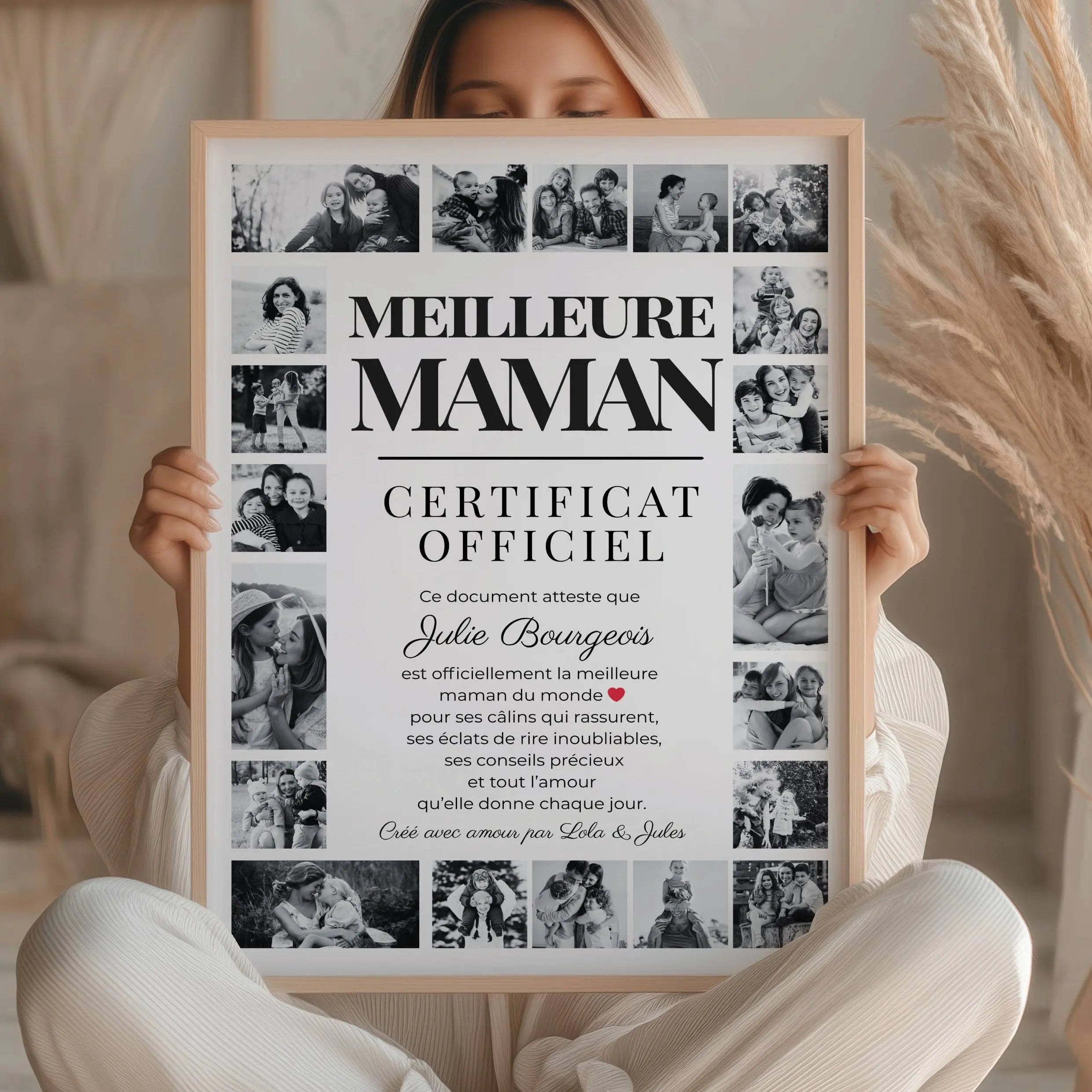 Affiche certificat maman personnalisée encadrée avec photos souvenir famille
