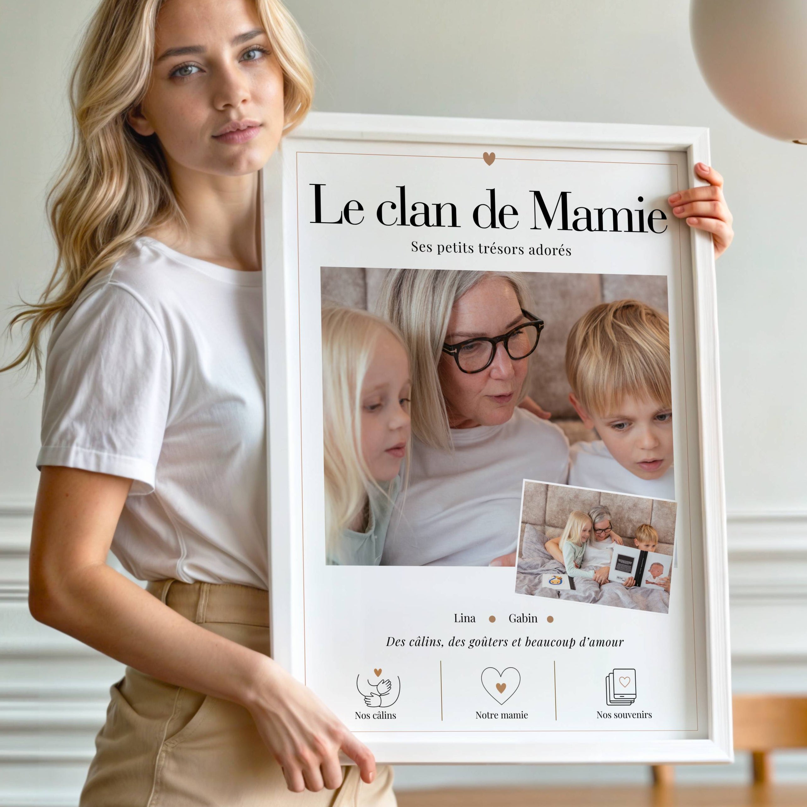 Affiche Le clan de Mamie encadrée, cadeau grand-mère personnalisé avec photos des petits-enfants