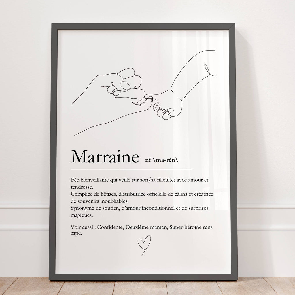 Affiche définition marraine personnalisée avec illustration minimaliste représentant le lien entre une marraine et son filleul
