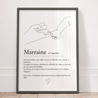 Affiche définition marraine personnalisée avec illustration minimaliste représentant le lien entre une marraine et son filleul