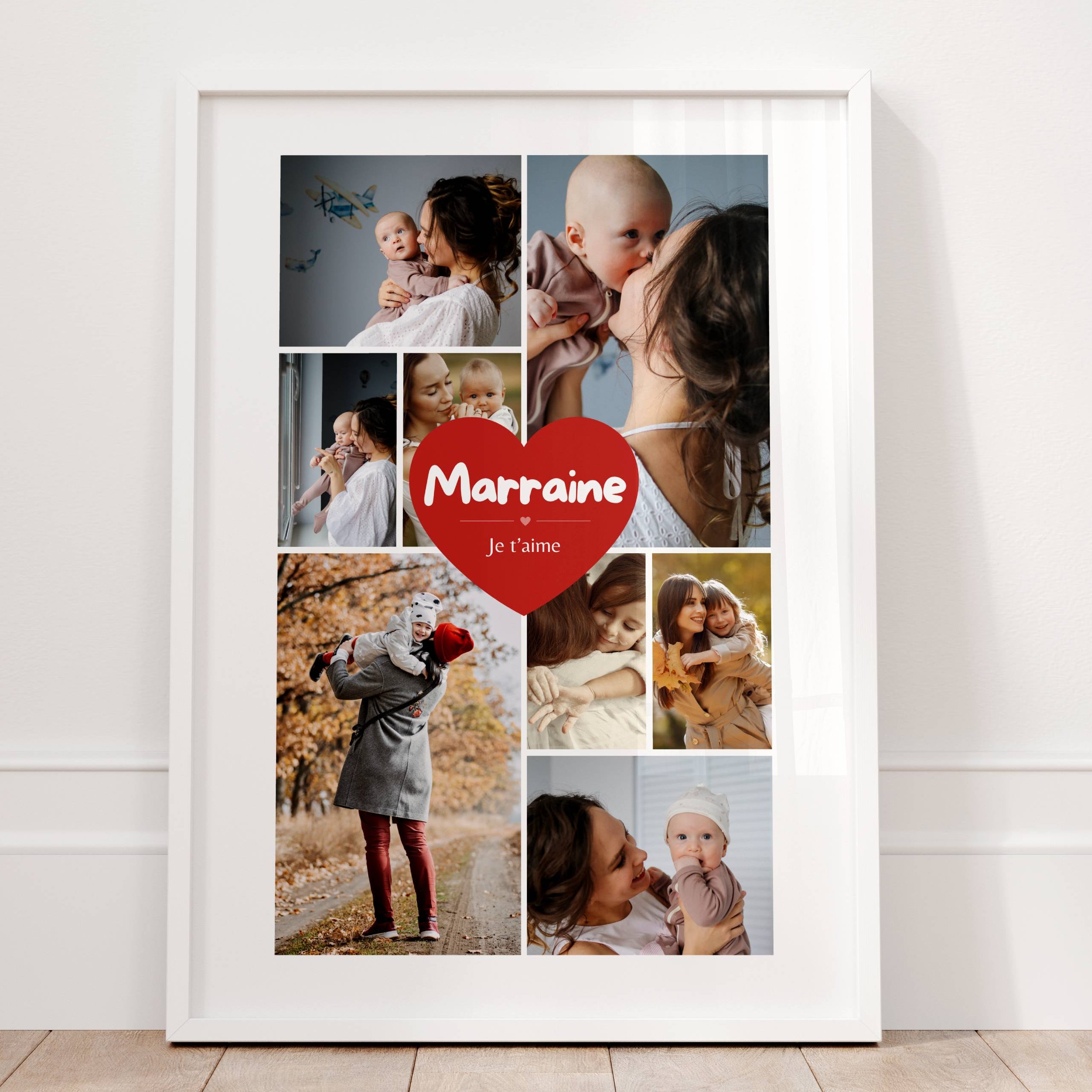 Détail du cœur rouge personnalisé avec inscription marraine je t'aime sur affiche photo souvenir personnalisée