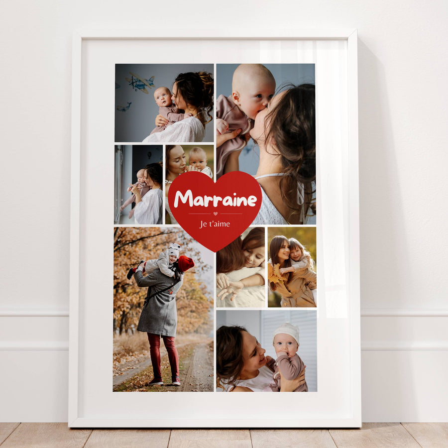 Détail du cœur rouge personnalisé avec inscription marraine je t'aime sur affiche photo souvenir personnalisée