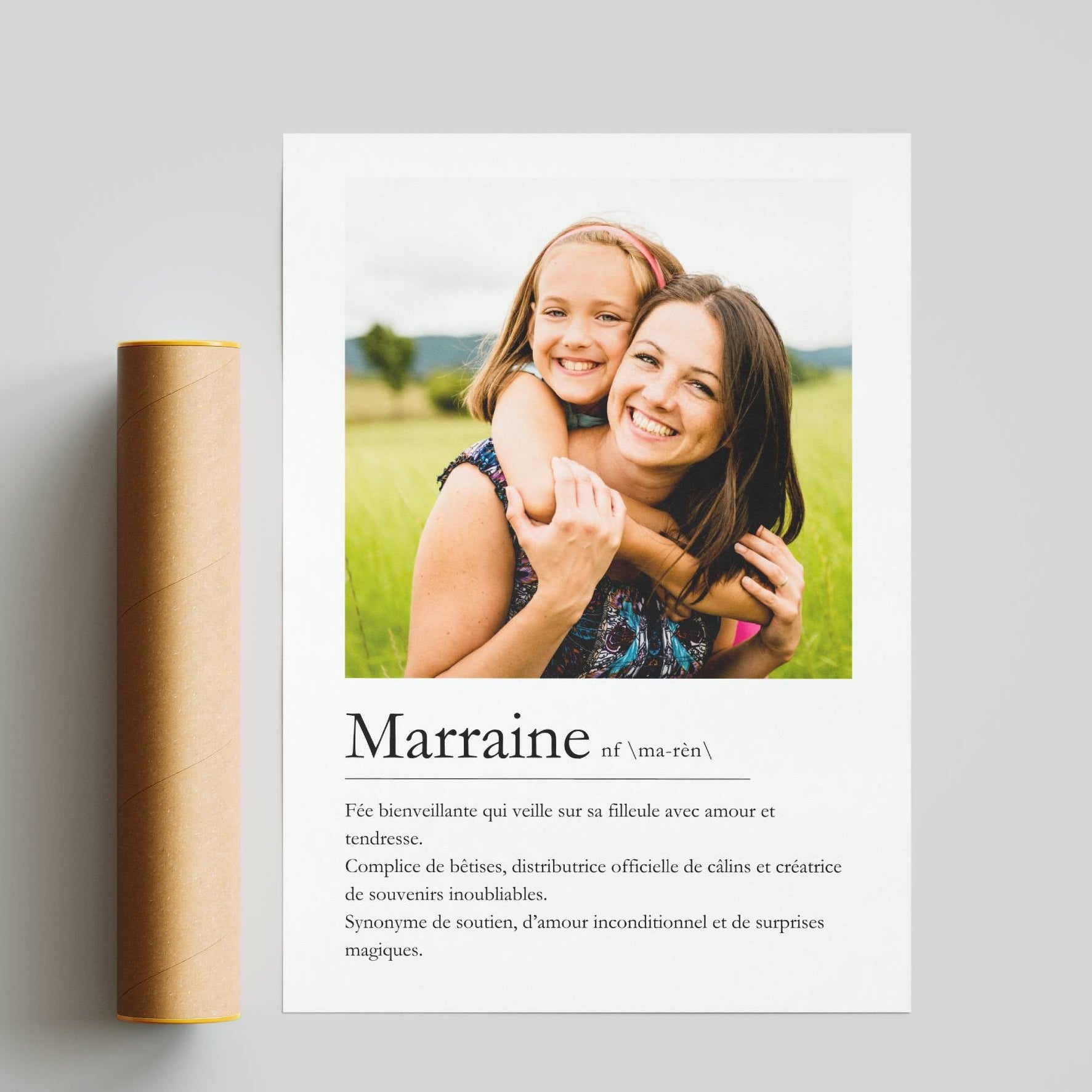 Cadeau marraine personnalisé prêt à offrir, affiche photo définition imprimée avec soin pour une attention touchante