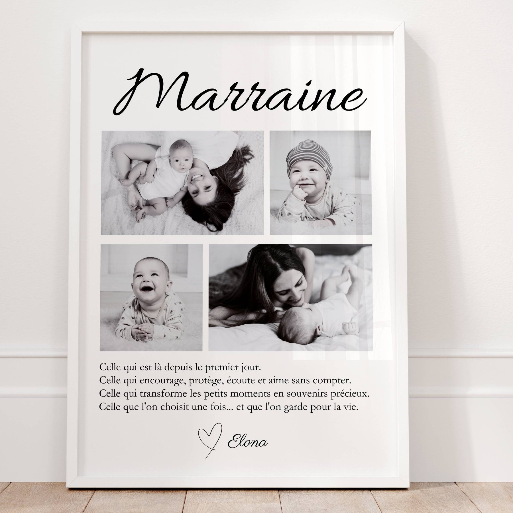 Cadeau marraine personnalisé avec plusieurs photos et texte émotionnel, souvenir unique à offrir pour remercier sa marraine.