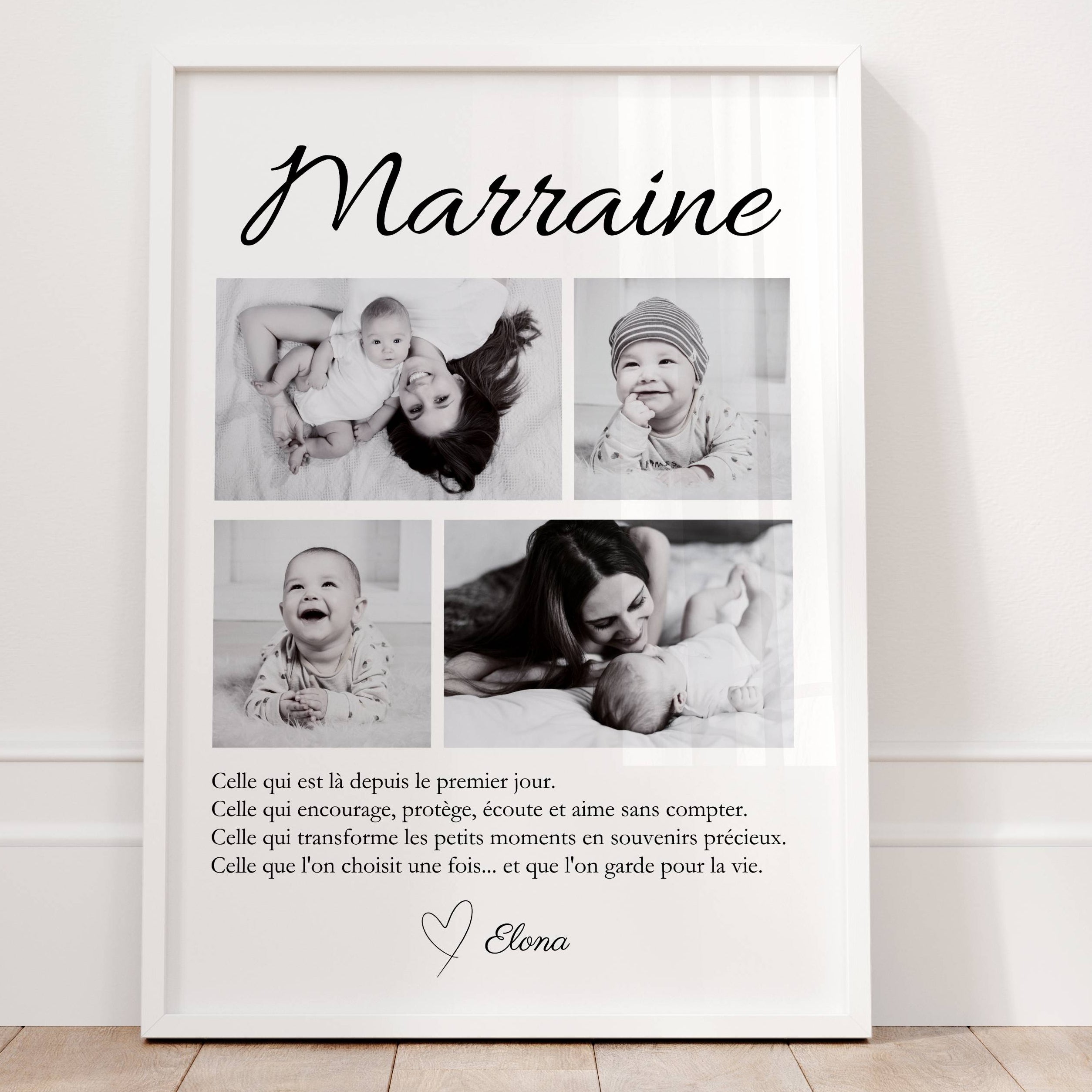 Cadeau marraine personnalisé avec plusieurs photos et texte émotionnel, souvenir unique à offrir pour remercier sa marraine.