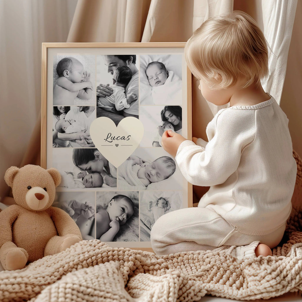 Cadeau naissance personnalisé avec photos de bébé et prénom au centre, affiche souvenir naissance élégante pour jeune parent