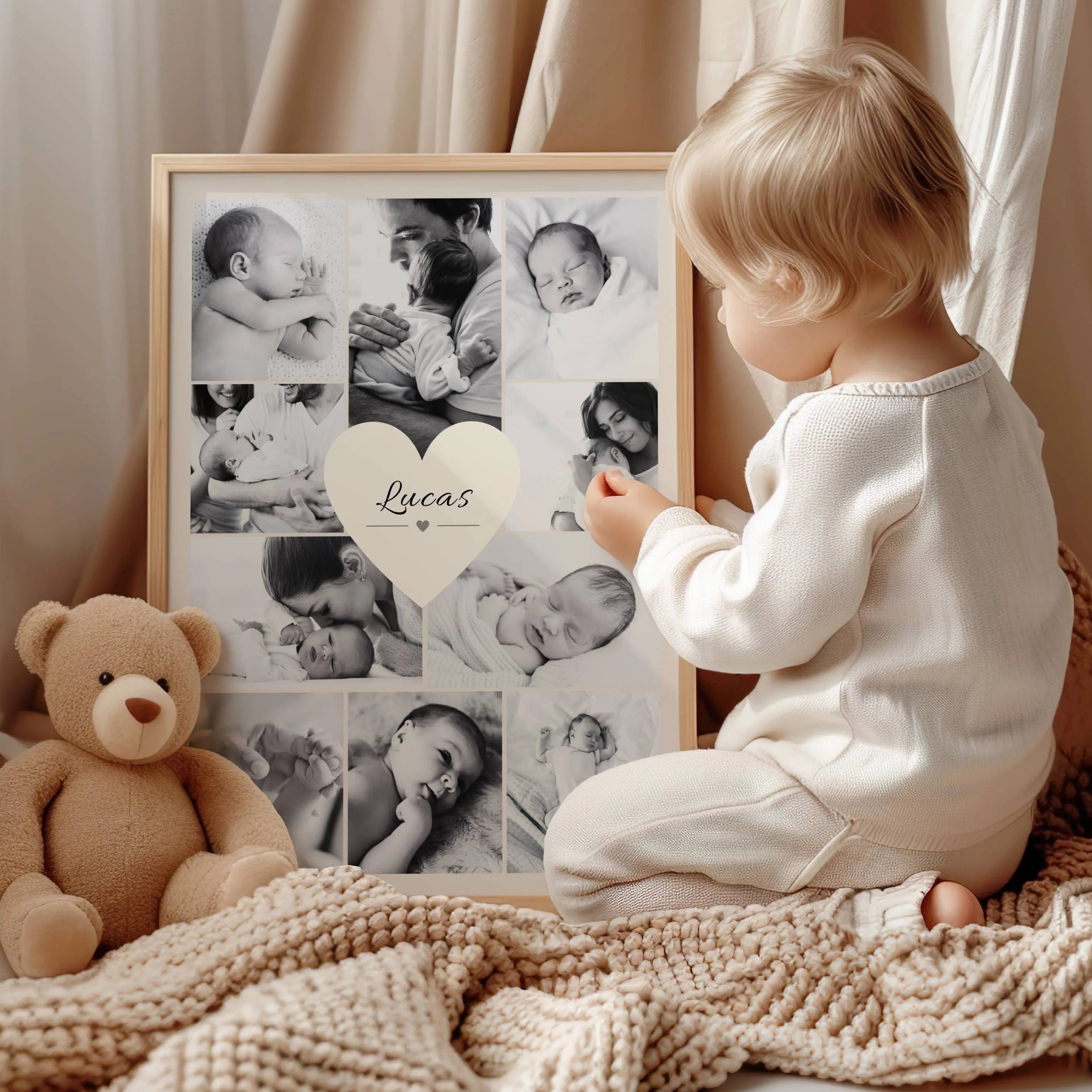 Cadeau naissance personnalisé avec photos de bébé et prénom au centre, affiche souvenir naissance élégante pour jeune parent