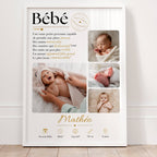 Affiche bébé personnalisée avec quatre photos présentée dans un cadre en bois naturel, souvenir de naissance prêt à offrir.