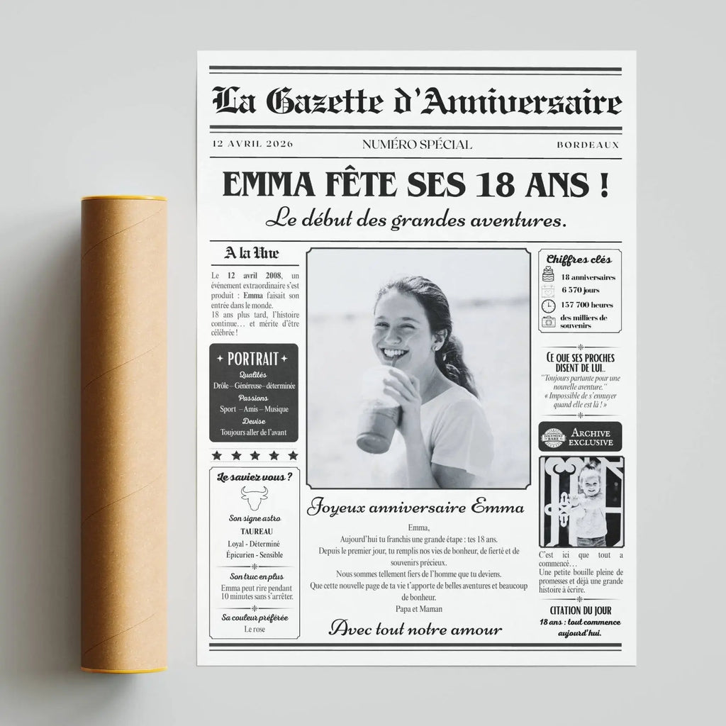 Cadeau personnalisé pour une fille de 18 ans : affiche gazette anniversaire originale.