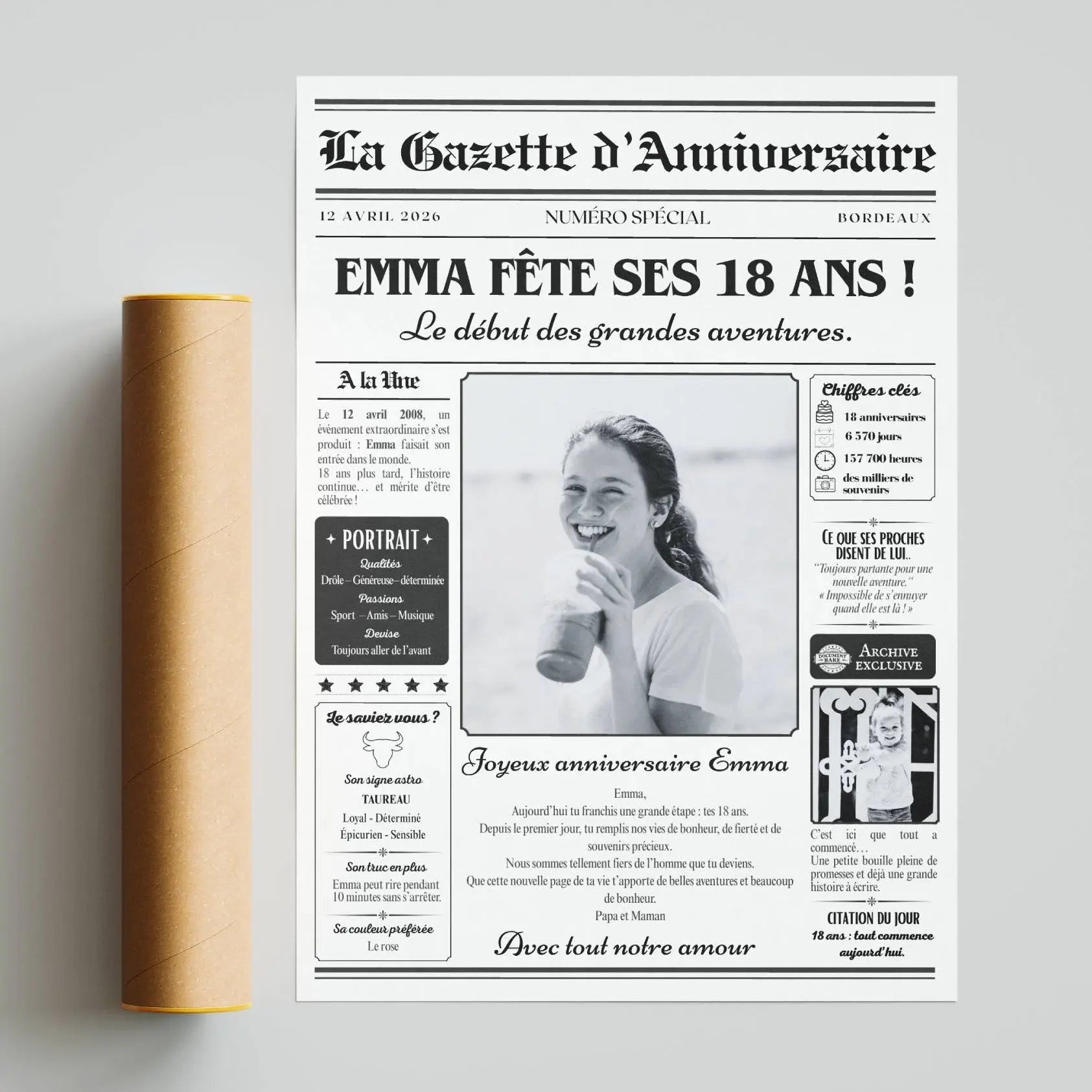 Cadeau personnalisé pour une fille de 18 ans : affiche gazette anniversaire originale.