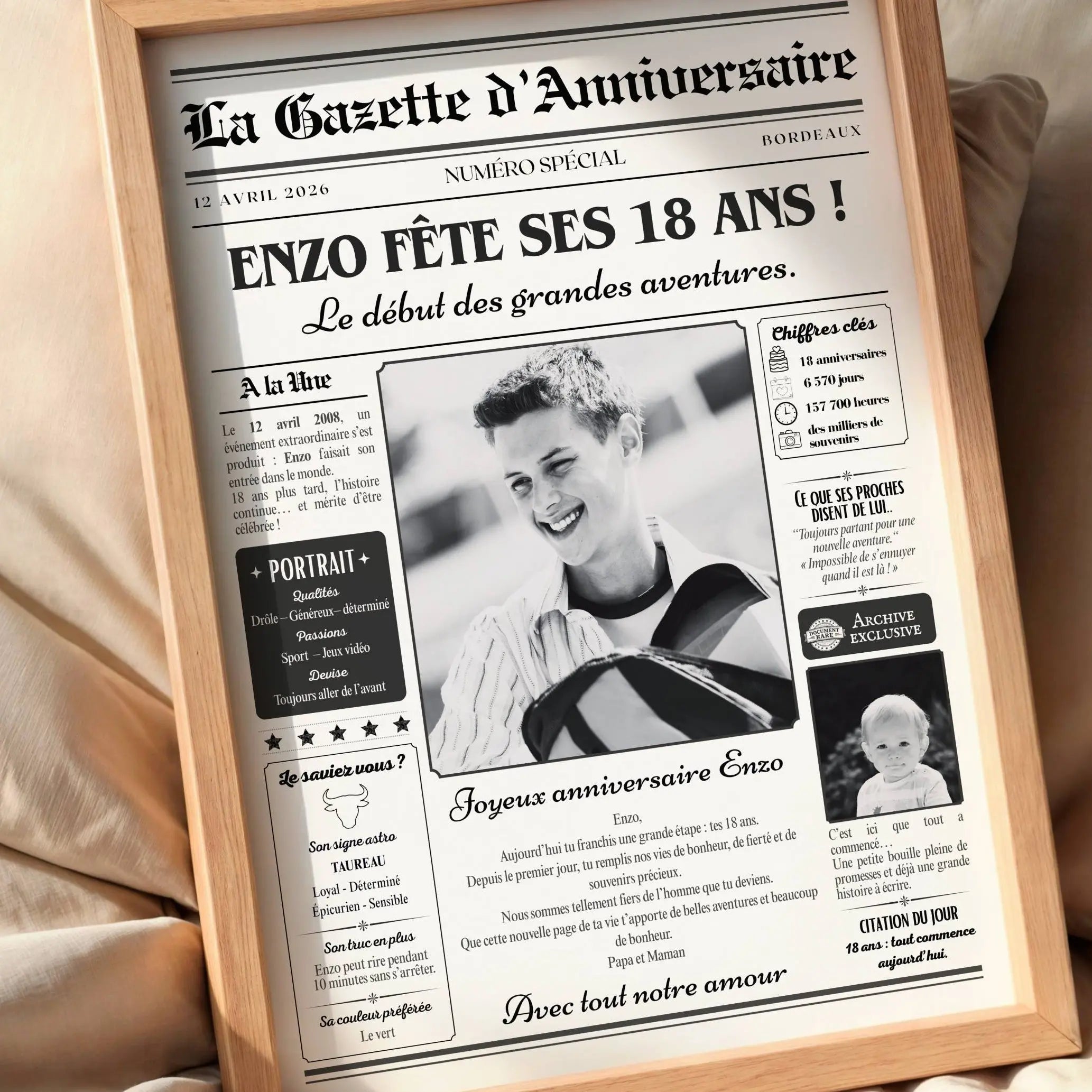 Gazette anniversaire personnalisée pour les 18 ans, cadeau original et souvenir unique.