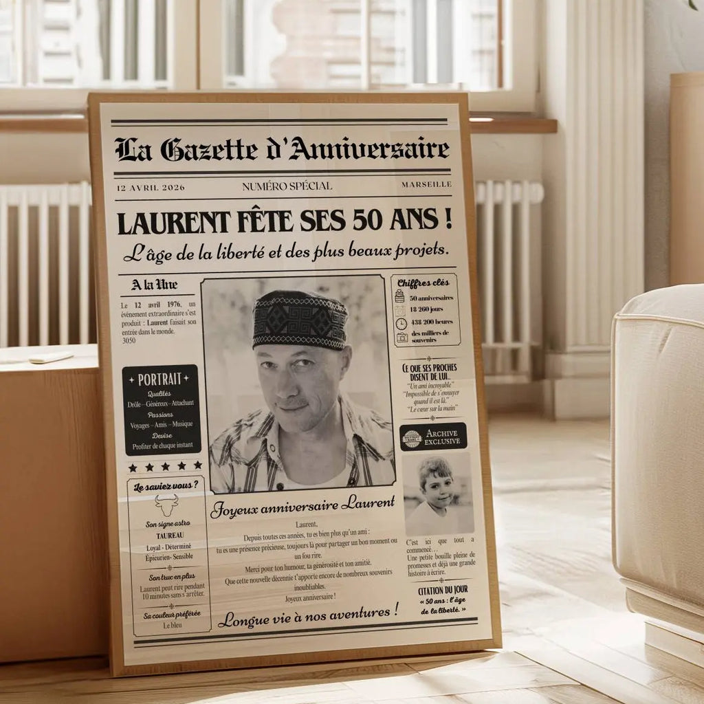 Cadeau personnalisé pour homme de 50 ans : affiche gazette anniversaire originale.