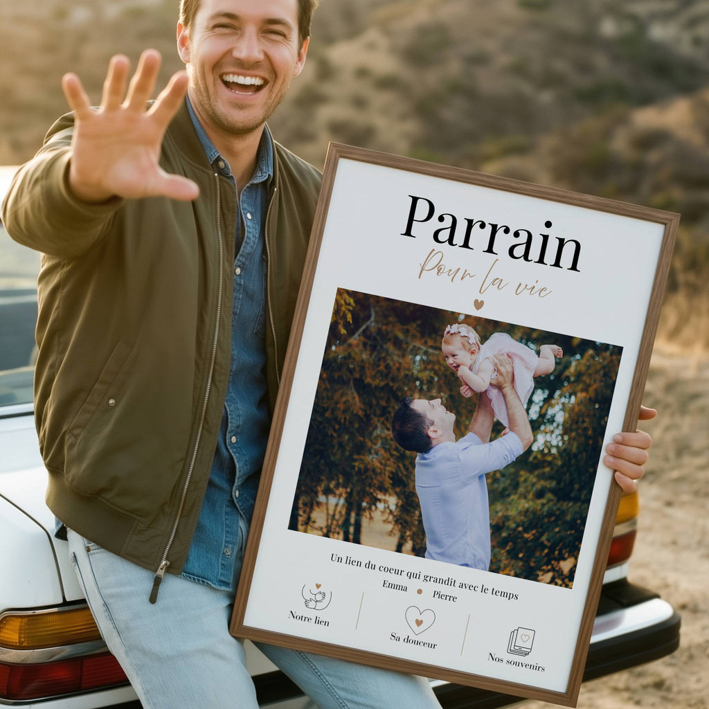 Cadeau parrain avec photo et prénoms, affiche personnalisée souvenir