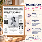 Gazette d’anniversaire 18 ans encadrée avec aperçu, modifications possibles et validation avant impression