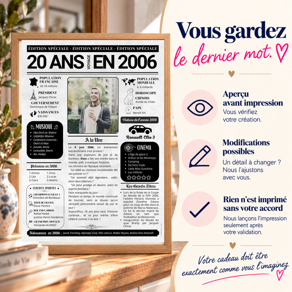 Journal anniversaire 20 ans encadré en bois clair avec validation de l’aperçu avant impression