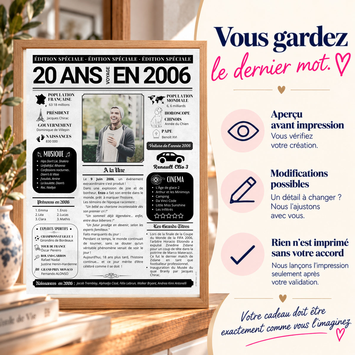 Journal anniversaire 20 ans encadré en bois clair avec validation de l’aperçu avant impression