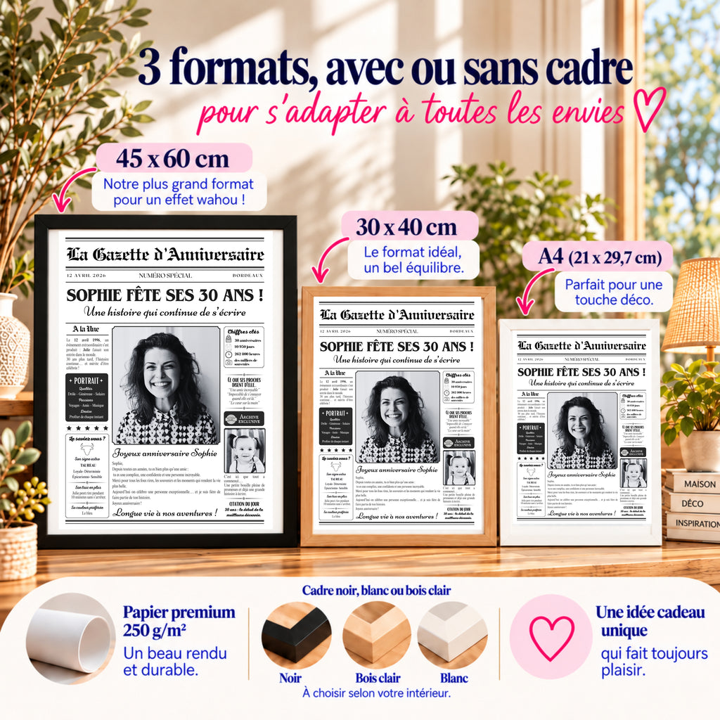 Gazette anniversaire 30 ans disponible en A4, 30x40 et 45x60 cm avec ou sans cadre