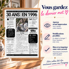 Affiche journal personnalisée 30 ans avec présentation des modifications possibles et validation avant impression.