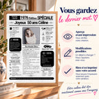 Affiche journal personnalisée pour les 50 d'une femme , avec présentation des garanties de modification et de validation avant impression.