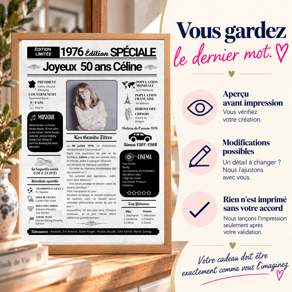 Affiche journal personnalisée pour les 50 d'une femme , avec présentation des garanties de modification et de validation avant impression.
