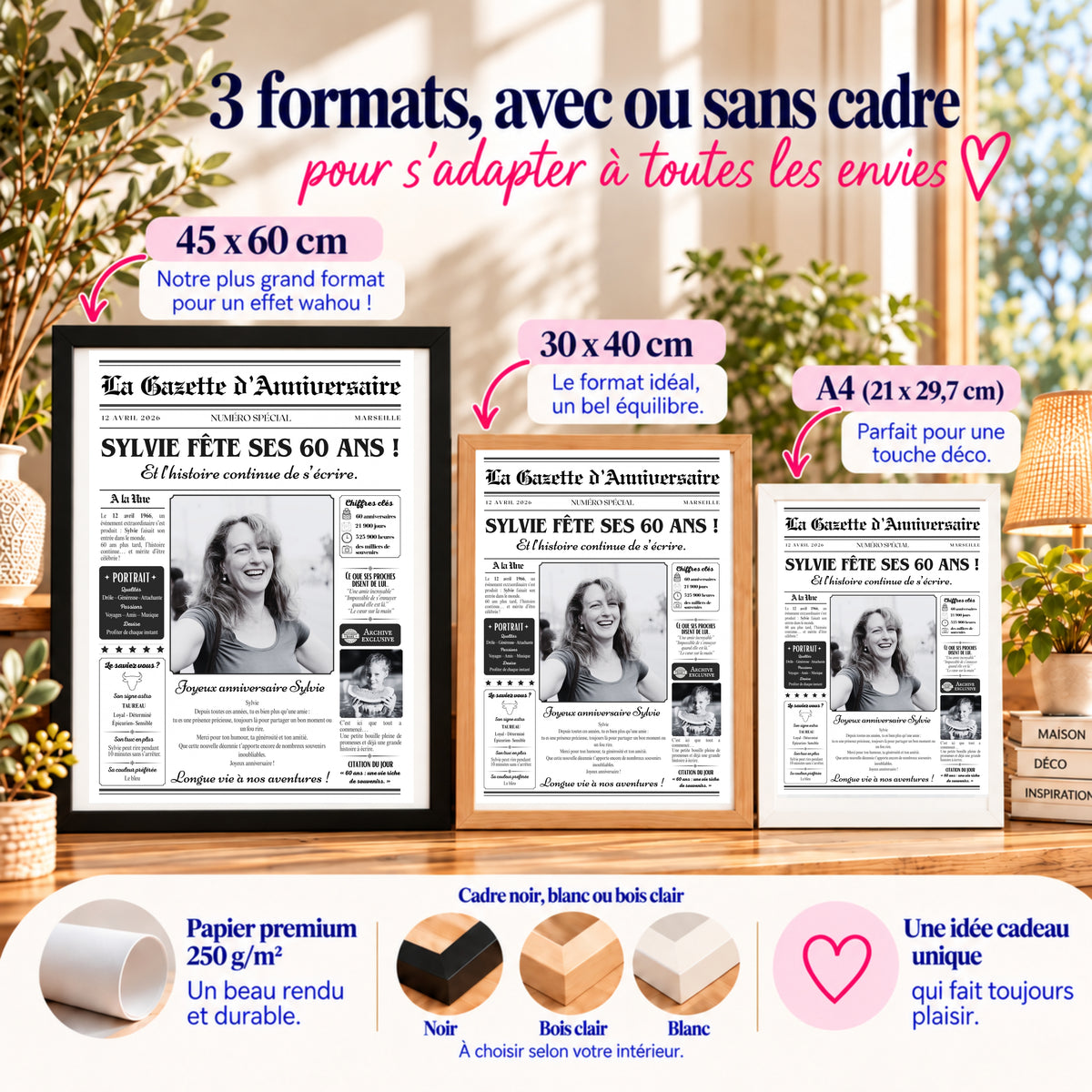 Gazette anniversaire 60 ans disponible en A4, 30x40 et 45x60 cm avec ou sans cadre