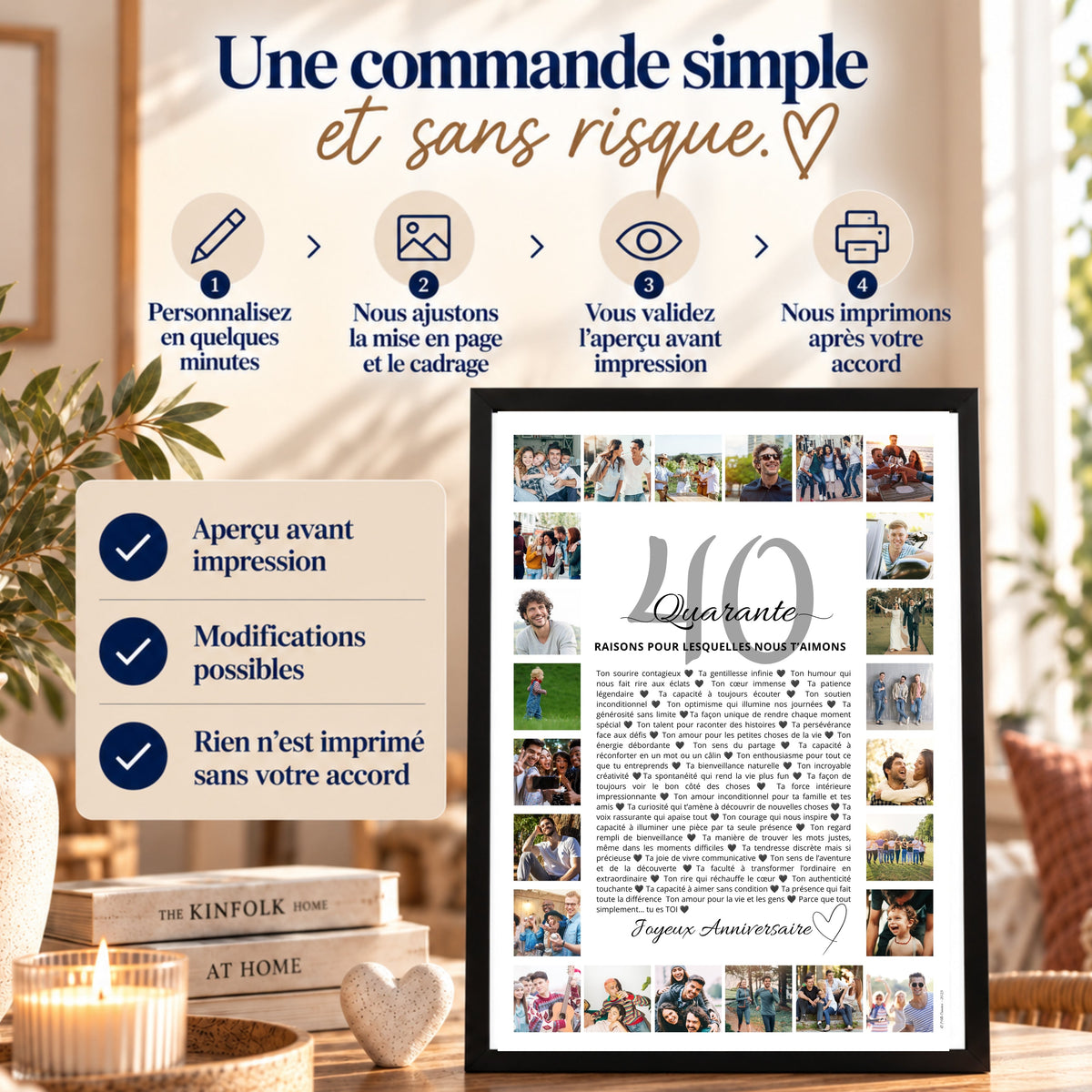 Affiche anniversaire personnalisée pour homme avec présentation des étapes de commande, aperçu avant impression et validation de la maquette.