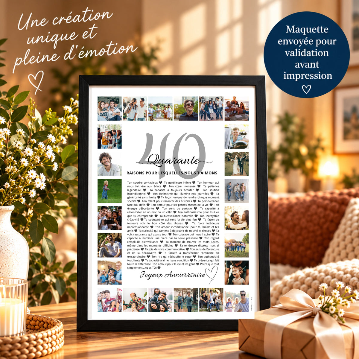 Affiche photo personnalisée pour homme dans un cadre noir, avec maquette envoyée pour validation avant impression.