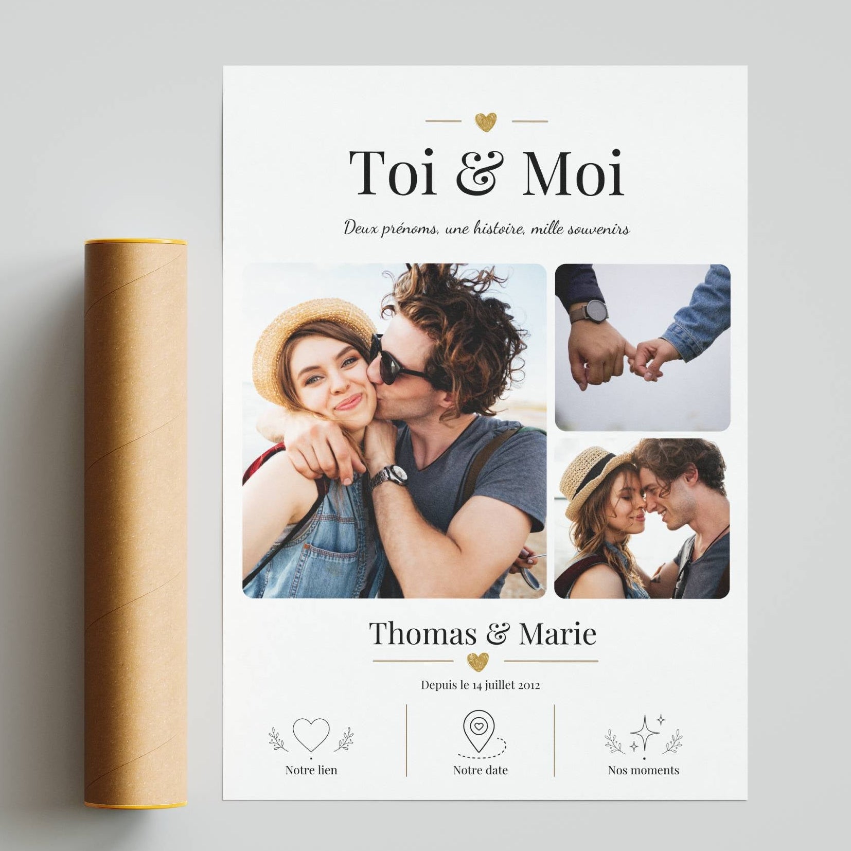 Affiche couple personnalisée avec pictogrammes Notre lien, Notre date et Nos moments, un cadeau riche en émotions.
