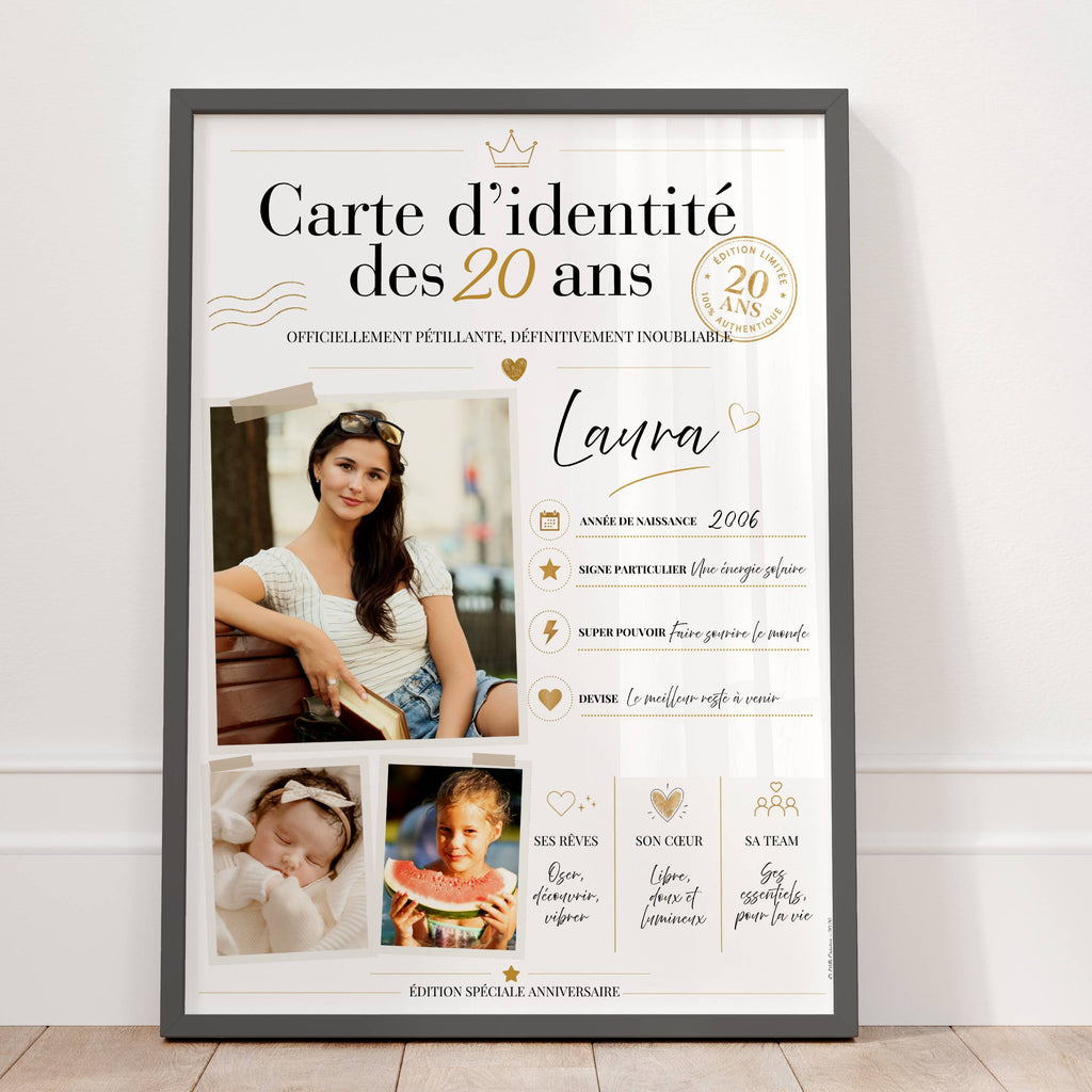 Cadeau 20 ans femme personnalisé avec photos, affiche carte d’identité anniversaire avec prénom