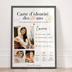 Cadeau 20 ans femme personnalisé avec photos, affiche carte d’identité anniversaire avec prénom