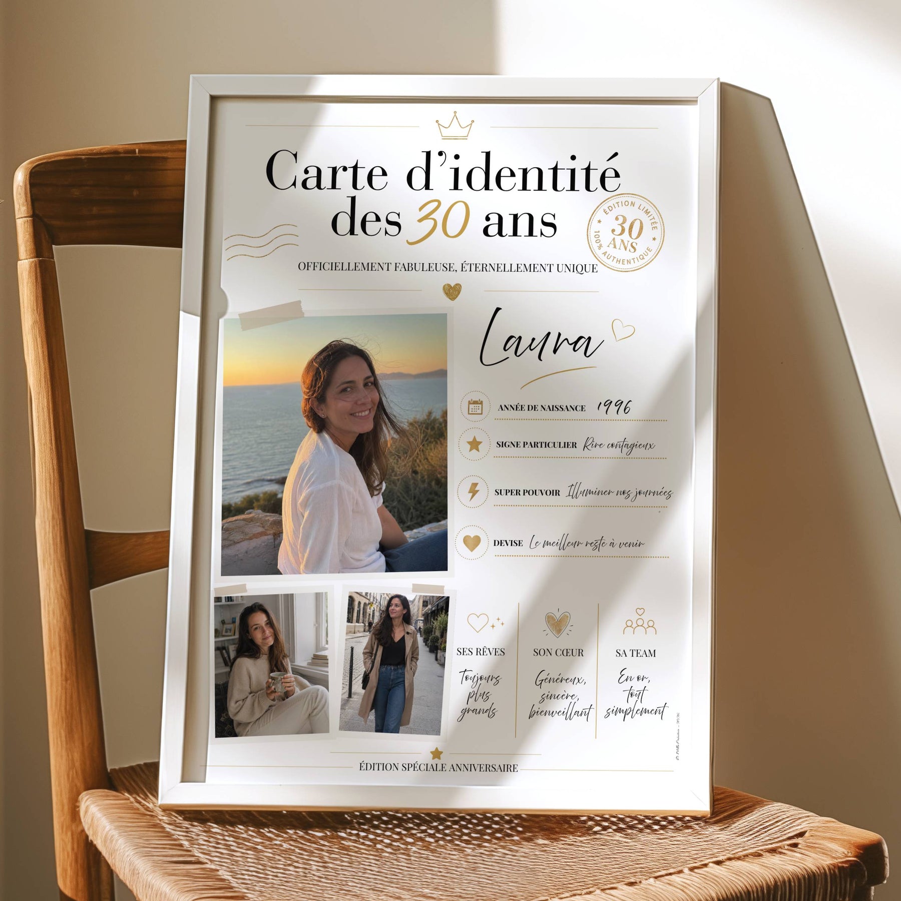 Idée cadeau originale pour les 30 ans avec photos, prénom et portrait personnalisé, créée avec maquette avant impression.