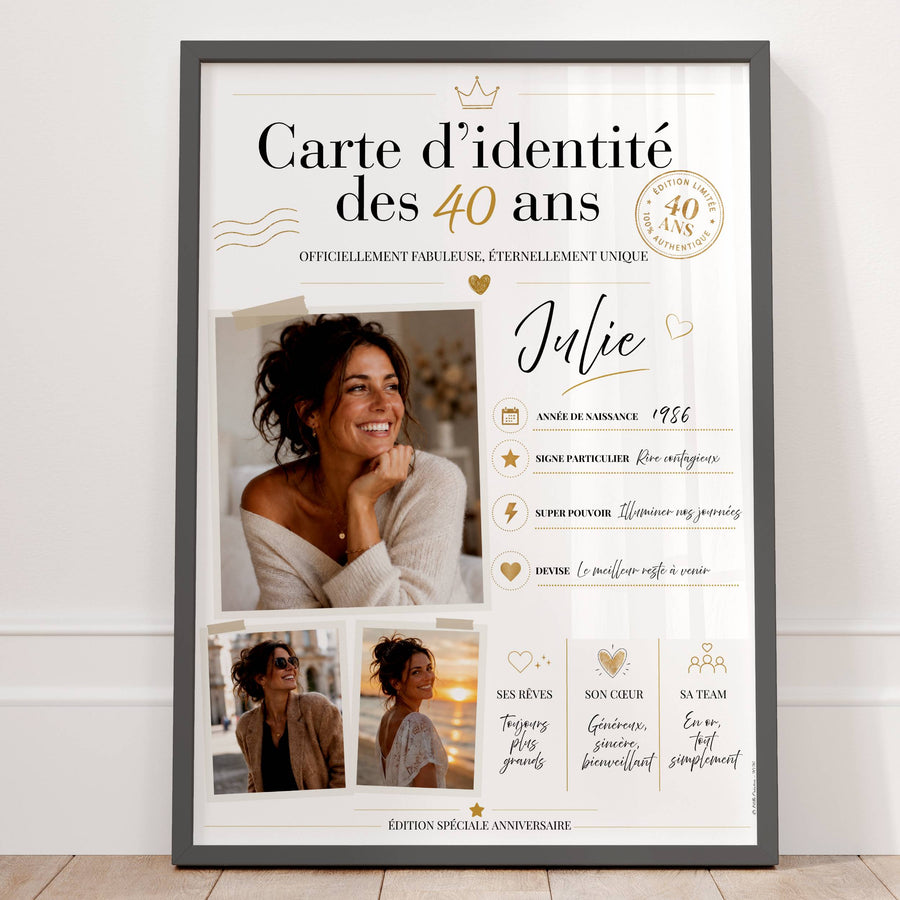 Affiche 40 ans femme personnalisée encadrée, cadeau anniversaire original avec photos