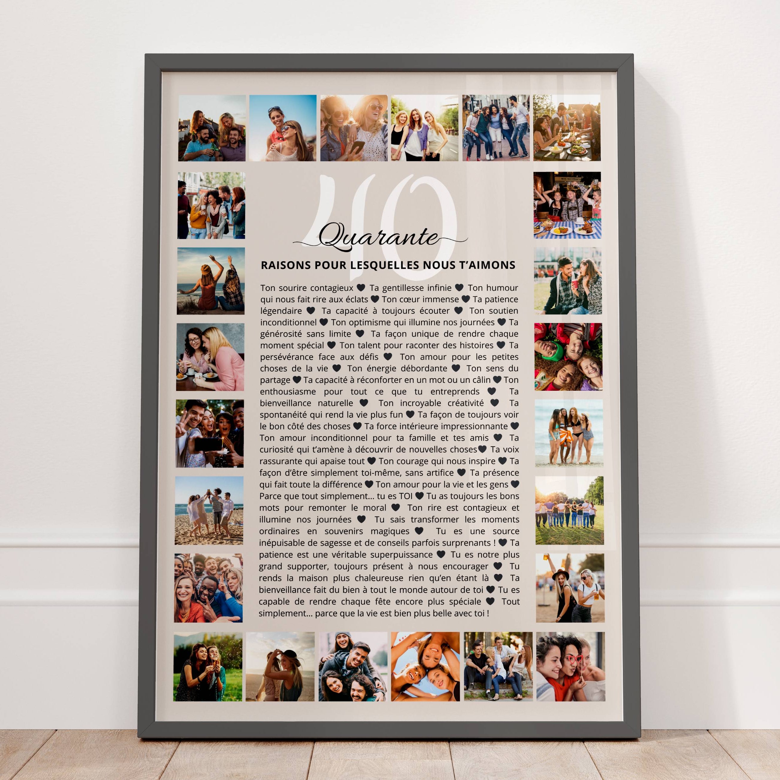 Cadeau 40 ans homme : affiche 40 raisons personnalisée avec photos, attention pleine d’amour.