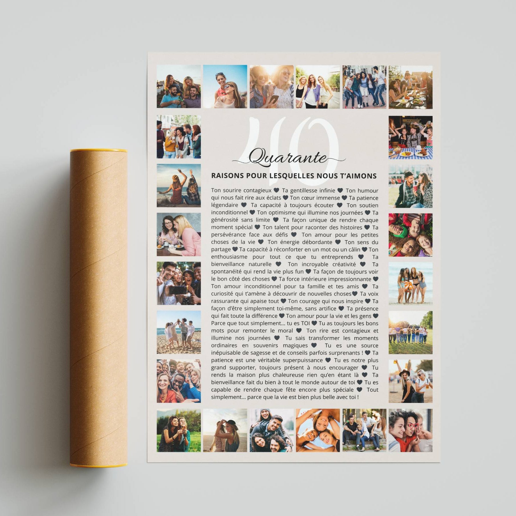 Affiche 40 raisons personnalisée à créer à plusieurs, idée cadeau de groupe pour anniversaire 40 ans.