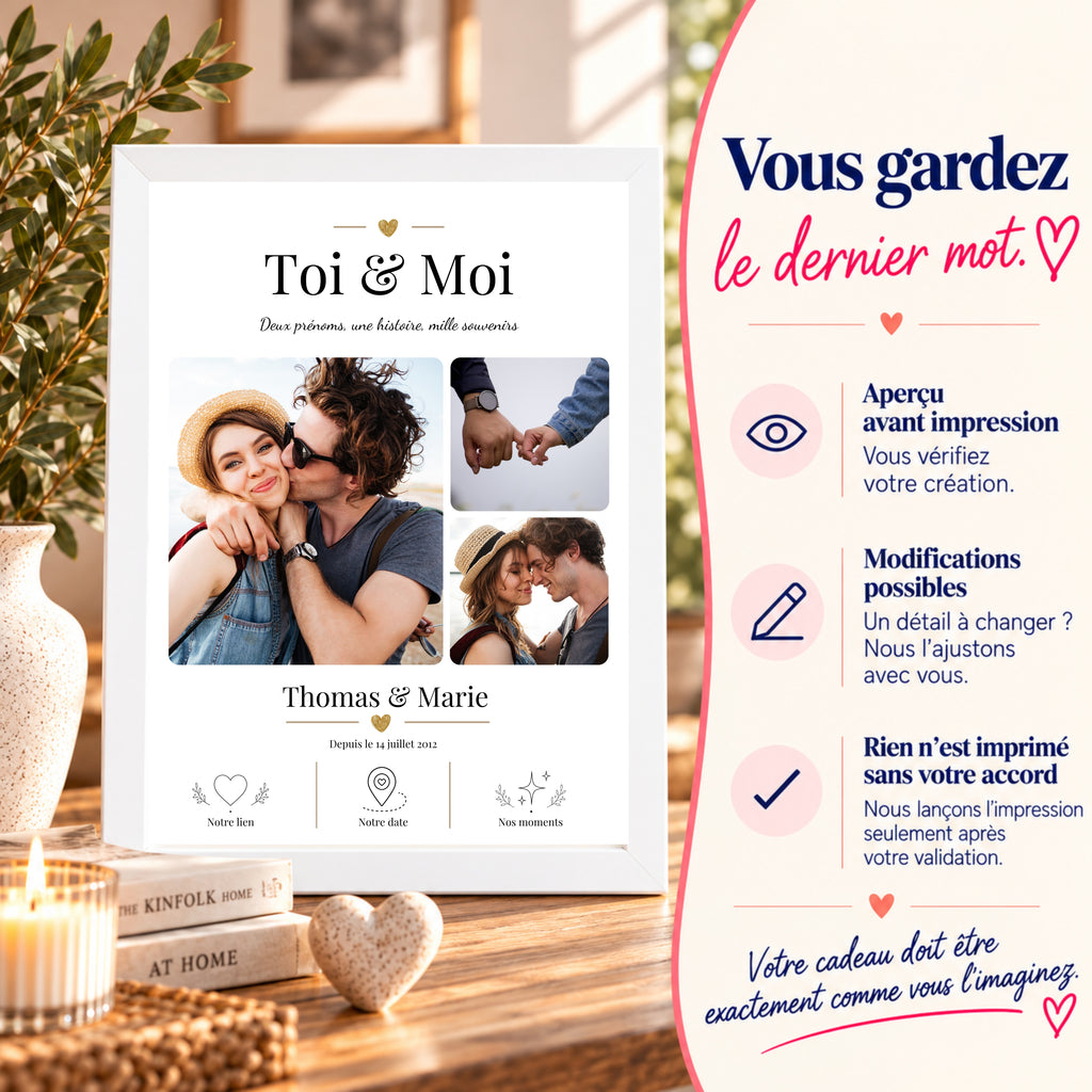 Affiche couple Toi & Moi dans un cadre blanc avec présentation de la validation de maquette et des modifications possibles avant impression.